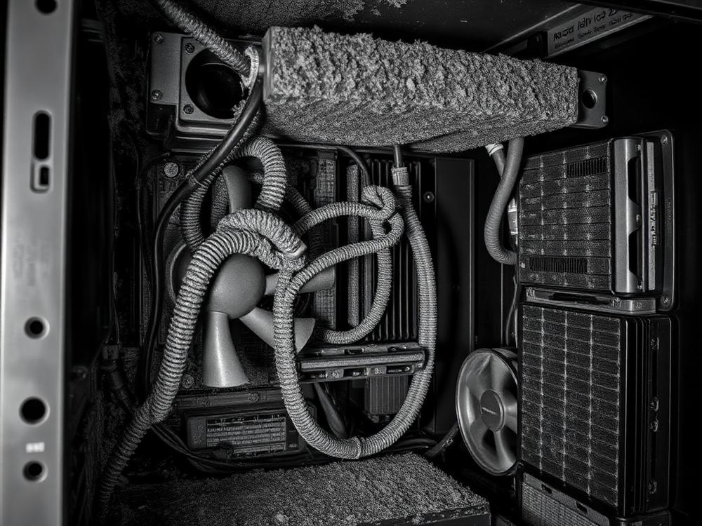 Interior de computador sujo antes da limpeza técnica