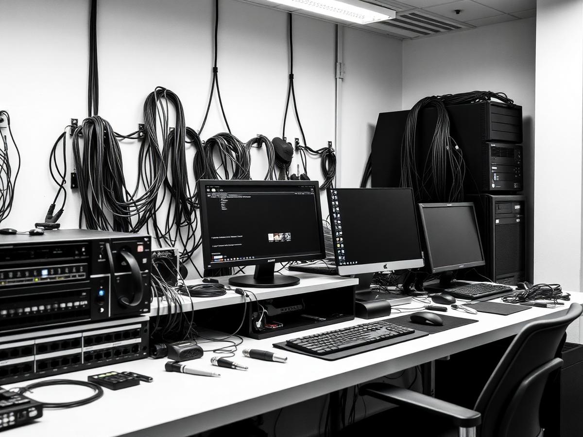 Bancada técnica profissional com computadores e cabos organizados
