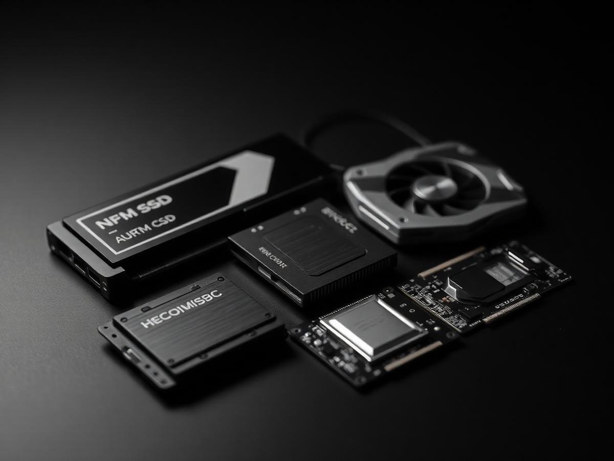 SSD, memórias RAM, placa de vídeo e processador sobre bancada escura