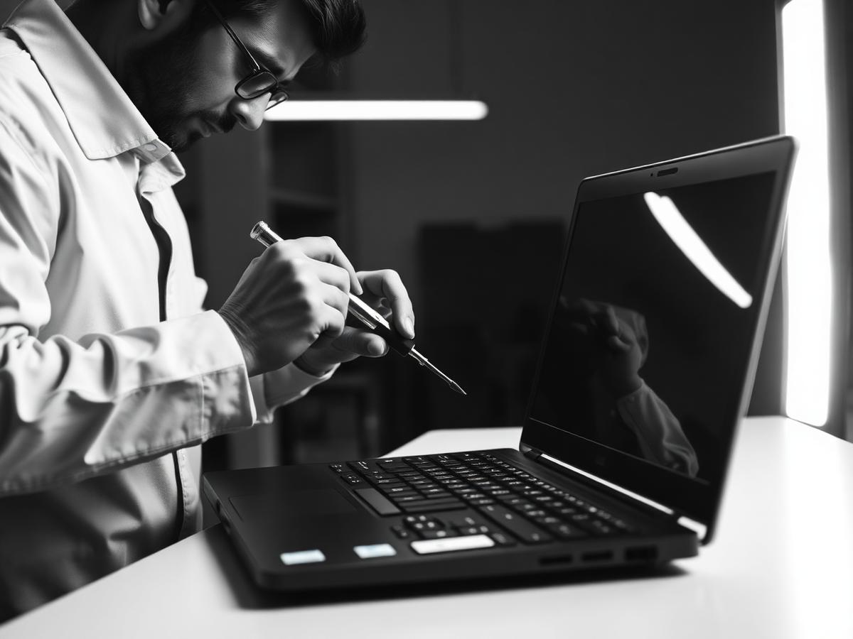 Técnico realizando manutenção em notebook aberto